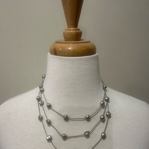 Beautiful 3 Strand Silver/blue Pearl Necklace